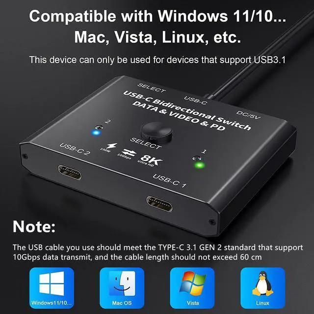 Alt view image 6 of 7 - USB C Switch 2 in 1 Out or 1 in 2 Out, Type-C Bi-directional Switcher Box for 2 Computers with C Port, Supports 4K @120Hz 8K @60Hz Video / 10Gbps Data Transfer, Notes: No Splitter Function