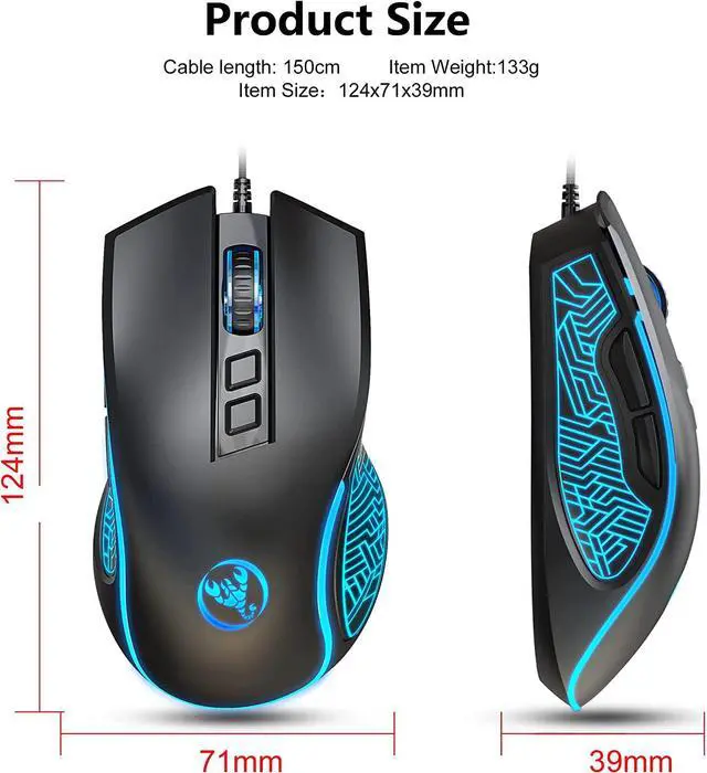 Alt view image 7 of 7 - USB Gaming Mouse Wired, Ergonomic PC Gaming Mice with 7 Colors LED Backlit, Gaming Grade Sensor Computer Mouse with Shutton Button, 4 DPI Settings Up to 3600 DPI, for PC, Laptop, Windows MacOS-Black