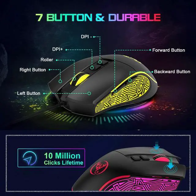 Alt view image 3 of 7 - USB Gaming Mouse Wired, Ergonomic PC Gaming Mice with 7 Colors LED Backlit, Gaming Grade Sensor Computer Mouse with Shutton Button, 4 DPI Settings Up to 3600 DPI, for PC, Laptop, Windows MacOS-Black