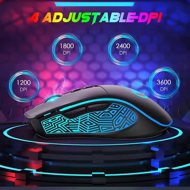 Alt view image 4 of 7 - USB Gaming Mouse Wired, Ergonomic PC Gaming Mice with 7 Colors LED Backlit, Gaming Grade Sensor Computer Mouse with Shutton Button, 4 DPI Settings Up to 3600 DPI, for PC, Laptop, Windows MacOS-Black