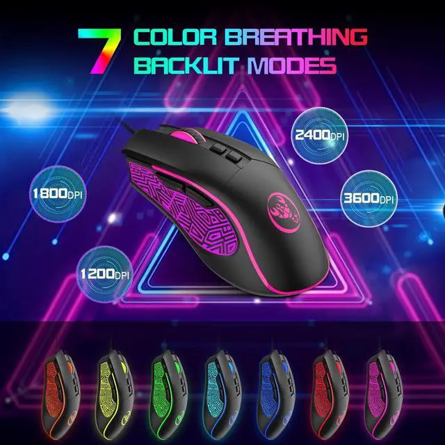Alt view image 2 of 7 - USB Gaming Mouse Wired, Ergonomic PC Gaming Mice with 7 Colors LED Backlit, Gaming Grade Sensor Computer Mouse with Shutton Button, 4 DPI Settings Up to 3600 DPI, for PC, Laptop, Windows MacOS-Black