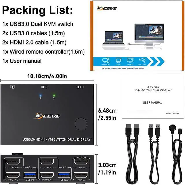 Alt view image 7 of 7 - USB 3.0 Dual Monitor KVM Switch HDMI 4K @60Hz 2K @144Hz Simulation EDID, USB HDMI Extended Display Switcher for 2 Computers Share 2 Monitors and 4 USB 3.0 Ports, Wired Remote and Cables Included