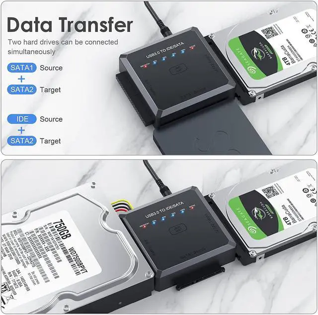 Alt view image 4 of 7 - USB 3.0 to SATA IDE Adapter Cable w/One Touch Backup, External Hard Drive Reader for Universal 2.5" 3.5" SSD HDD CD/DVD Optical Drives, Data Recovery Converter w/12V/2A Power Adapter