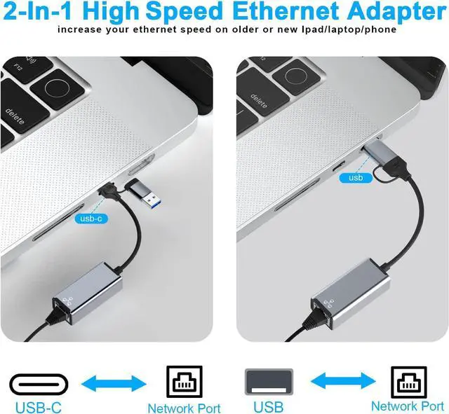 Alt view image 2 of 7 - [USB & Type-C] USB to Ethernet Adapter, USB C to Ethernet RJ45 Adapter,10/100/1000M Gigabit Ethernet LAN Network Adapter for Notebook Laptop UC164, Galaxy S21/S20, i-Mac, XPS, MacOS