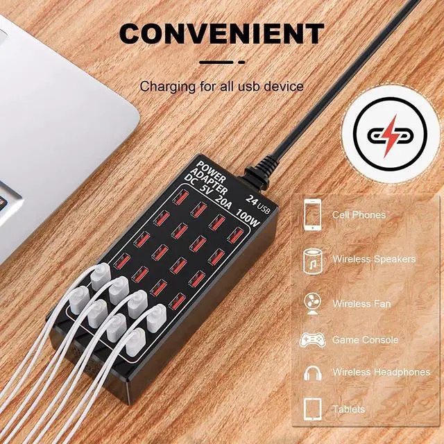 Alt view image 3 of 7 - 24 Ports USB Charging Station, Multiport 100W 24-Port USB Desktop Charging Station USB Charger 24-Ports Element Hub Compatible with iPhone Android All Other USB Enabled Devices
