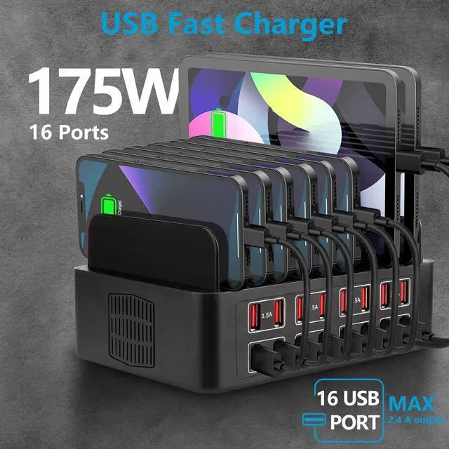 Alt view image 2 of 7 - USB Charging Station for Multiple Devices, 175W/35A 16 Port USB Fast Charging Station,Multi Device Charger Organizer Compatible with i-P-h-o-n-e, i-P-a-d,Tablet, Cell Phone and Other Electronic