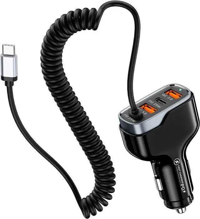 Main image of USB C Fast Car Charger 50W 4-Ports, Built-in 5.9FT Type C Cable, Dual Type C and Dual USB-A Ports Charger with PD25W/PPS25W&QC18W, Compatible with IOS Android Smartphones etc..