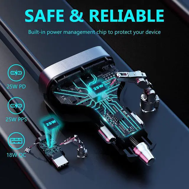Alt view image 2 of 7 - USB C Fast Car Charger 50W 4-Ports, Built-in 5.9FT Type C Cable, Dual Type C and Dual USB-A Ports Charger with PD25W/PPS25W&QC18W, Compatible with IOS Android Smartphones etc..