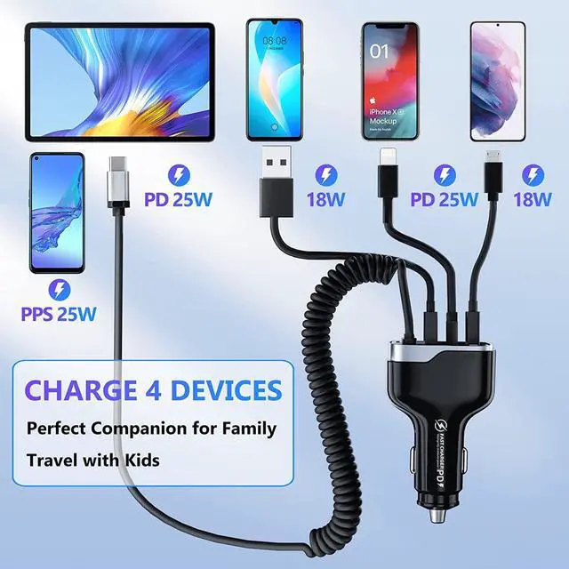 Alt view image 3 of 7 - USB C Fast Car Charger 50W 4-Ports, Built-in 5.9FT Type C Cable, Dual Type C and Dual USB-A Ports Charger with PD25W/PPS25W&QC18W, Compatible with IOS Android Smartphones etc..