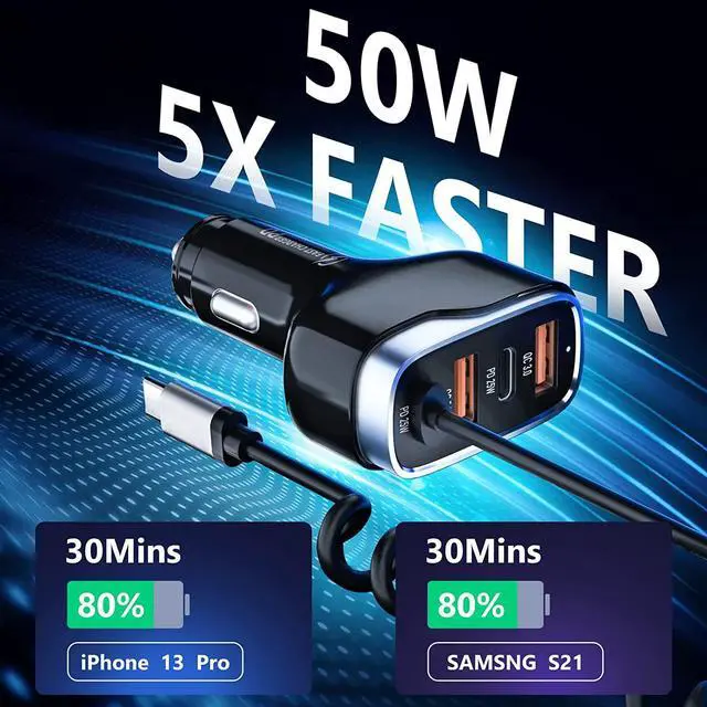 Alt view image 4 of 7 - USB C Fast Car Charger 50W 4-Ports, Built-in 5.9FT Type C Cable, Dual Type C and Dual USB-A Ports Charger with PD25W/PPS25W&QC18W, Compatible with IOS Android Smartphones etc..