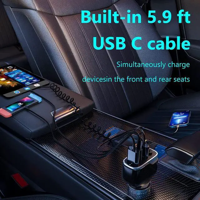 Alt view image 5 of 7 - USB C Fast Car Charger 50W 4-Ports, Built-in 5.9FT Type C Cable, Dual Type C and Dual USB-A Ports Charger with PD25W/PPS25W&QC18W, Compatible with IOS Android Smartphones etc..
