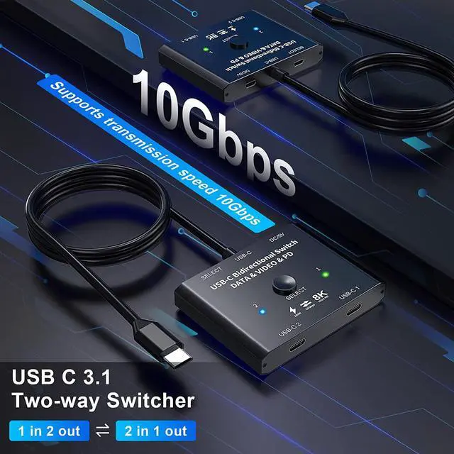 Alt view image 6 of 7 - USB C Switch 2 in 1 Out or 1 in 2 Out, Bi-Directional USB Type C KVM Switch Support 8K @60Hz 4K @120Hz Video/10Gbps Data Transfer/100W Charging,Compatible with Thunderbolt Device