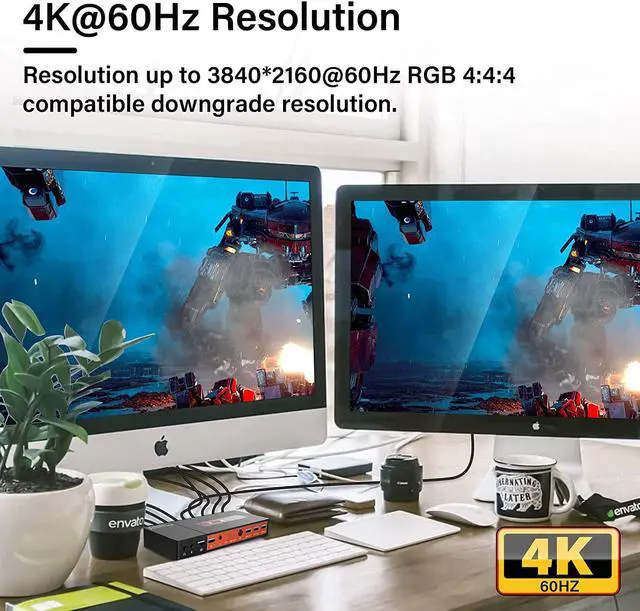 Alt view image 3 of 7 - Dual Monitor HDMI KVM Switch 2 Port Extended Display, 4K @60Hz 4:4:4 KVM Switch 2 Monitors 2 Computers with 3x USB 3.0 Hub, Audio, Hotkey & Button Switching with 4 HDMI 2 USB Cables & Power Adapter
