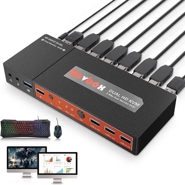 Main image of Dual Monitor HDMI KVM Switch 2 Port Extended Display, 4K @60Hz 4:4:4 KVM Switch 2 Monitors 2 Computers with 3x USB 3.0 Hub, Audio, Hotkey & Button Switching with 4 HDMI 2 USB Cables & Power Adapter