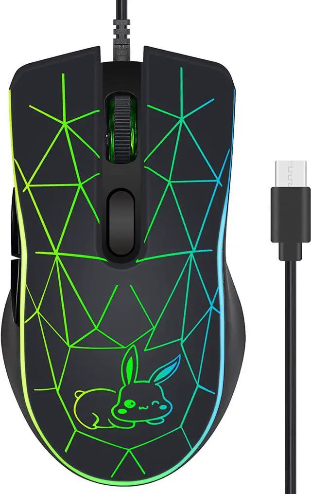 Alt view image 7 of 7 - Wired USB C Gaming Mice with USB Adapter, Wired Gaming Mouse with 4 Adjustable DPI [800/1200/1600/2400 dpi], 6 Buttons and 7 Colors Backlit for Windows, Linux & MacOS with Type C Port-Rubber