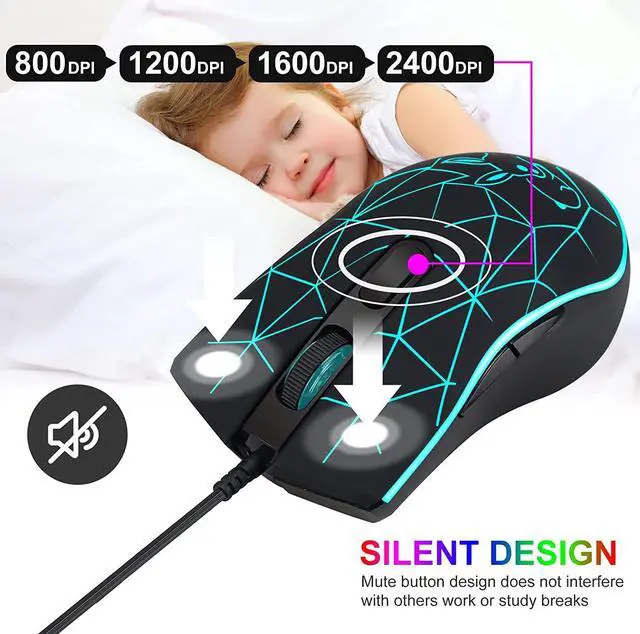 Alt view image 4 of 7 - Wired USB C Gaming Mice with USB Adapter, Wired Gaming Mouse with 4 Adjustable DPI [800/1200/1600/2400 dpi], 6 Buttons and 7 Colors Backlit for Windows, Linux & MacOS with Type C Port-Rubber