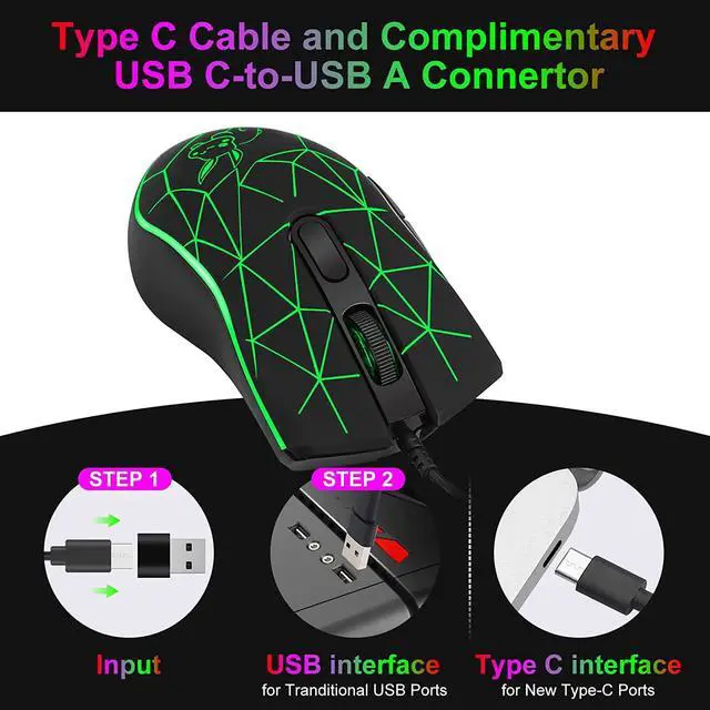 Alt view image 2 of 7 - Wired USB C Gaming Mice with USB Adapter, Wired Gaming Mouse with 4 Adjustable DPI [800/1200/1600/2400 dpi], 6 Buttons and 7 Colors Backlit for Windows, Linux & MacOS with Type C Port-Rubber