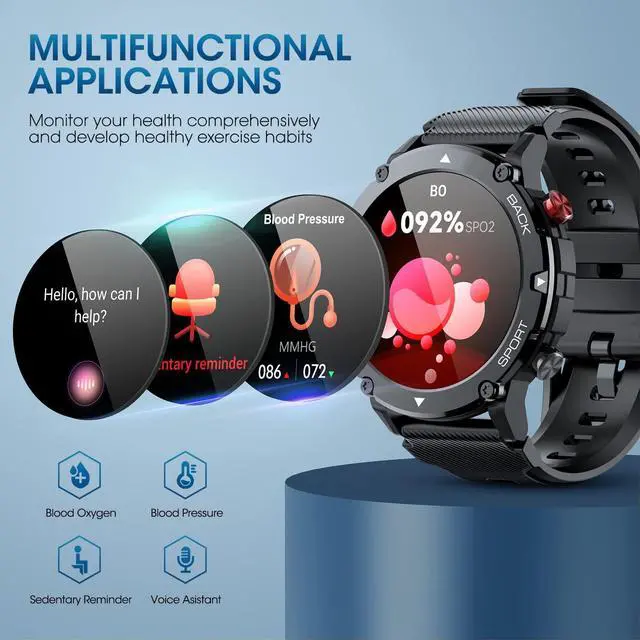 Alt view image 4 of 7 - Smart Watch for Men Bluetooth Call (Answer/Make Call) IP68 Waterproof 1.32'' Military Tactical Fitness Watch Tracker for Android iOS with Heart Rate Monitor Outdoor Sports Smartwatch (Black)