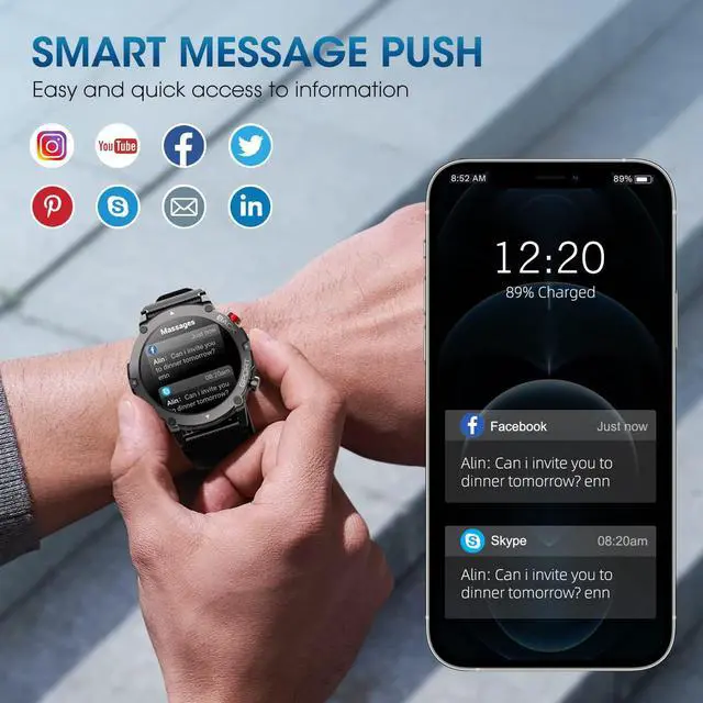 Alt view image 7 of 7 - Smart Watch for Men Bluetooth Call (Answer/Make Call) IP68 Waterproof 1.32'' Military Tactical Fitness Watch Tracker for Android iOS with Heart Rate Monitor Outdoor Sports Smartwatch (Black)