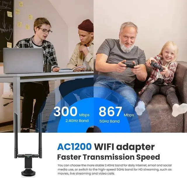 Alt view image 2 of 7 - USB WiFi Adapter for PC, AC1200Mbps USB 3.0 Dual Band WiFi Adapter for Desktop PC with Dual 5dBi Antennas, Supports Win11/10/8.1/8/7/XP, Mac OS 10.9-10.15