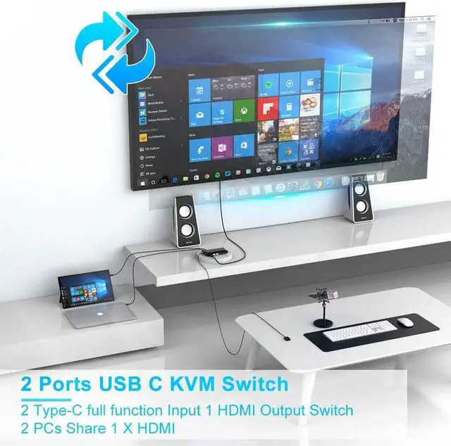 Alt view image 5 of 7 - 2-Port USB Type-C KVM Switch, 4K 60Hz HDMI KVM Switch 2 in 1 Out Dual USB C KVM Switch 2 Computers with HDMI, 60W PD, 3X USB 2.0, Remote Control, 3.5mm Audio/Mic for M-a-c-Book, i-Pad Pro, USB-C PC