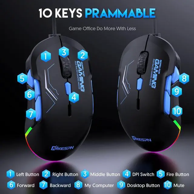 Alt view image 3 of 7 - USB Wired Gaming Mouse- 10 Programmable Buttons, 13 Kinds RGB Backlit Modes, 12800 DPI High Precision PC Mice, Right Left Handed Universal Ergonomic Mouse for Laptop Desktop Office Game, Black