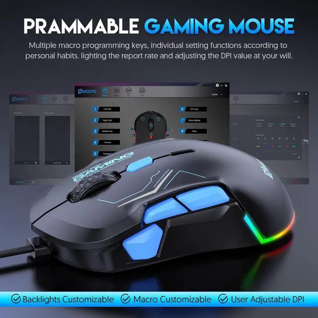 Alt view image 4 of 7 - USB Wired Gaming Mouse- 10 Programmable Buttons, 13 Kinds RGB Backlit Modes, 12800 DPI High Precision PC Mice, Right Left Handed Universal Ergonomic Mouse for Laptop Desktop Office Game, Black