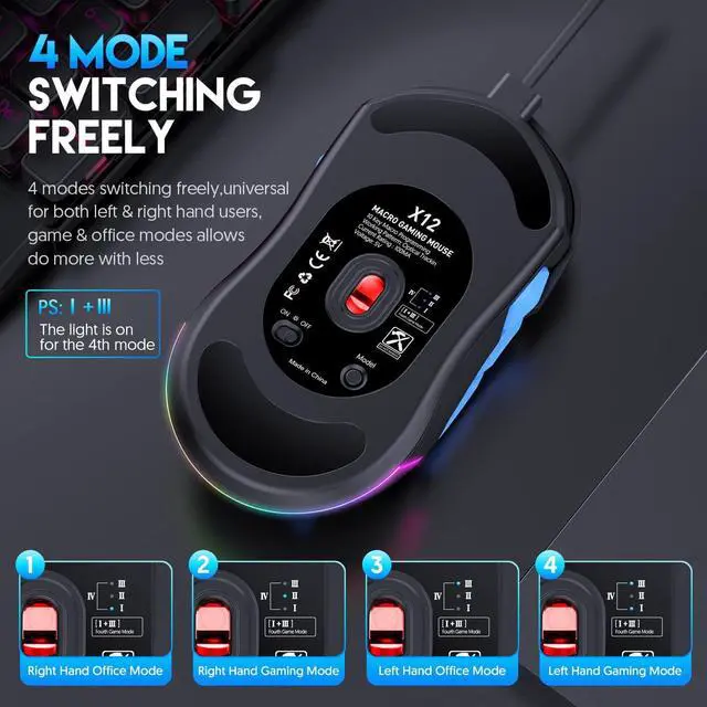 Alt view image 5 of 7 - USB Wired Gaming Mouse- 10 Programmable Buttons, 13 Kinds RGB Backlit Modes, 12800 DPI High Precision PC Mice, Right Left Handed Universal Ergonomic Mouse for Laptop Desktop Office Game, Black
