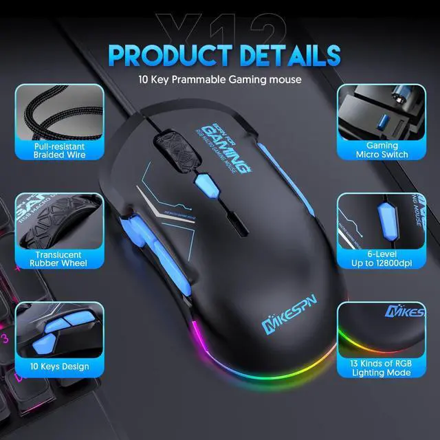 Alt view image 6 of 7 - USB Wired Gaming Mouse- 10 Programmable Buttons, 13 Kinds RGB Backlit Modes, 12800 DPI High Precision PC Mice, Right Left Handed Universal Ergonomic Mouse for Laptop Desktop Office Game, Black