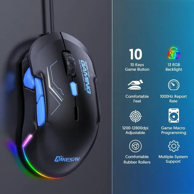 Alt view image 7 of 7 - USB Wired Gaming Mouse- 10 Programmable Buttons, 13 Kinds RGB Backlit Modes, 12800 DPI High Precision PC Mice, Right Left Handed Universal Ergonomic Mouse for Laptop Desktop Office Game, Black