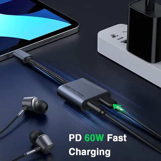 Alt view image 2 of 7 - USB C to 3.5mm Jack Headphone and Charger Adapter,2 in 1 Type C Audio Aux adapter with 60W Fast Charging Earphones Converter Cable for S-u-m-s-u-n-g Galaxy S22,S20,i-Pad Pro,Hua-wei, Pixel, Moto-rola