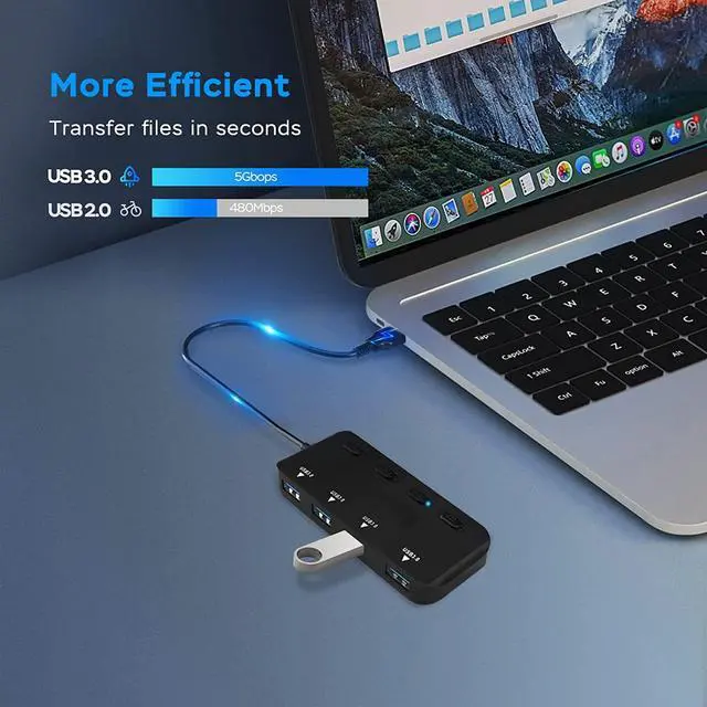 Alt view image 3 of 7 - USB 3.0 Hub Splitter, 4-Port USB Extender Hub for Laptop, Multi USB Port Expander Adapter with Individual Power Switches for Windows, MacOS, Linux Computer Laptop ..