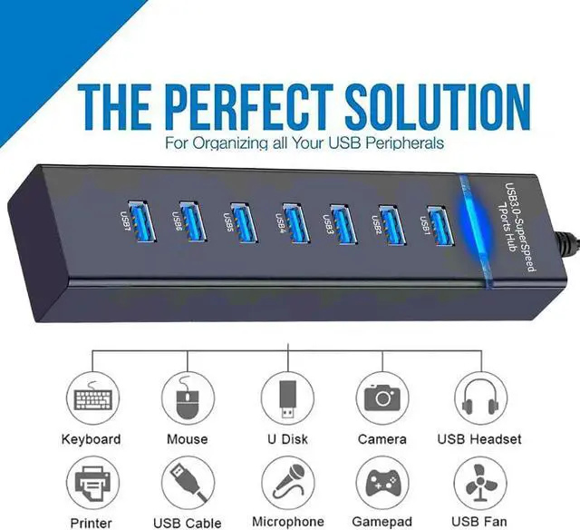 Alt view image 3 of 7 - 7 Port USB Hub 3.0, USB 5Gbps Data Transmission Hub Splitter 7-Ports, Computer Networking Hubs for Laptop, PC, MacBook, Mac Pro/Mini, PS4/5, XPS, Surface Pro, Galaxy Series, Mobile HDD, and More