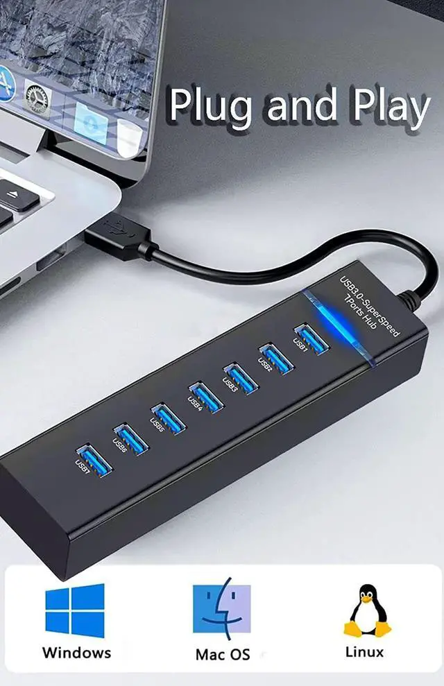 Alt view image 6 of 7 - 7 Port USB Hub 3.0, USB 5Gbps Data Transmission Hub Splitter 7-Ports, Computer Networking Hubs for Laptop, PC, MacBook, Mac Pro/Mini, PS4/5, XPS, Surface Pro, Galaxy Series, Mobile HDD, and More