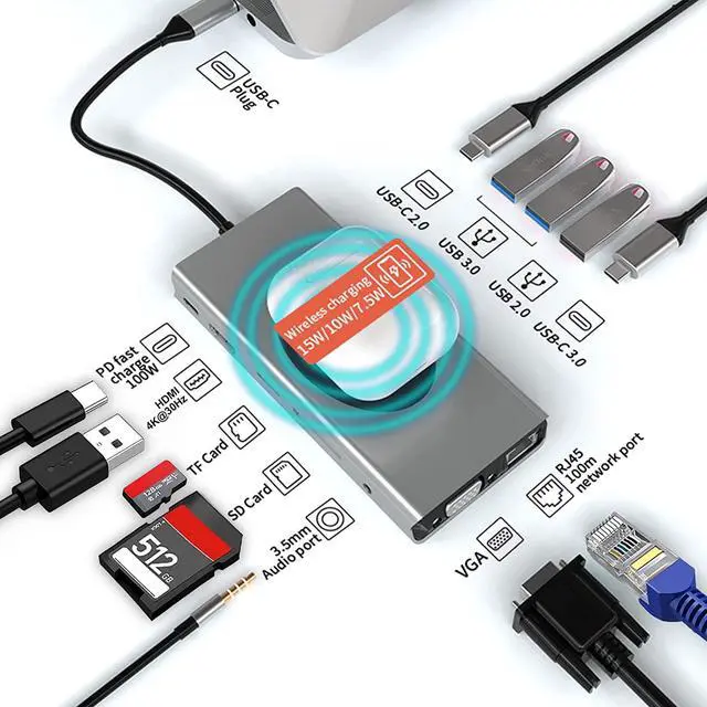 Main image of USB C HUB 13 in 1 with Wireless Charging, USB C Docking Station with 4K-HDMI, VGA, RJ45 Ethernet, 2 ×USB3.0, USB C 3.0 &2.0, PD 100W, SD/TF & 3.5mm AUX, Compatible with Mac-Book Pro& Other Laptops