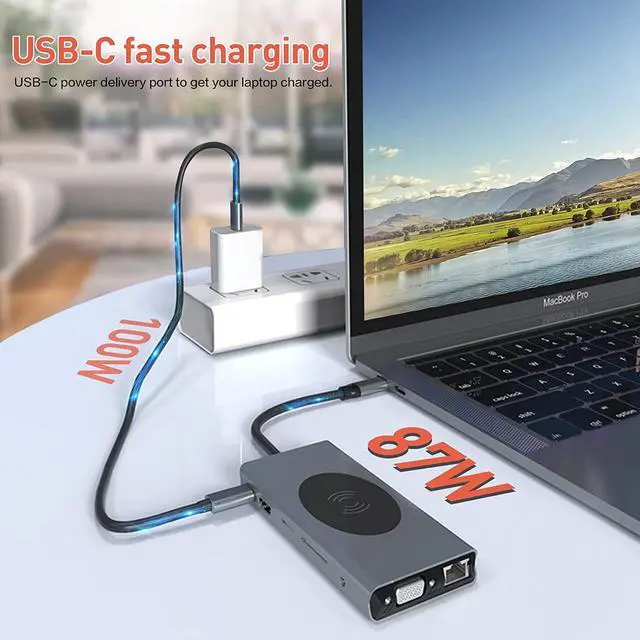 Alt view image 2 of 7 - USB C HUB 13 in 1 with Wireless Charging, USB C Docking Station with 4K-HDMI, VGA, RJ45 Ethernet, 2 ×USB3.0, USB C 3.0 &2.0, PD 100W, SD/TF & 3.5mm AUX, Compatible with Mac-Book Pro& Other Laptops