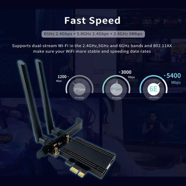 Alt view image 4 of 7 - PCIe WiFi 6E Card, AX210 Network Card,Tri-Band 6G/5.8G/2.4GHz, Bluetooth 5.2 (802.11ax) 5400Mbps Wireless Wi-Fi Cards Adapter with MU-MIMO, OFDMA, Support Windows 10/11 (64-bit) for Desktop PC (Black)