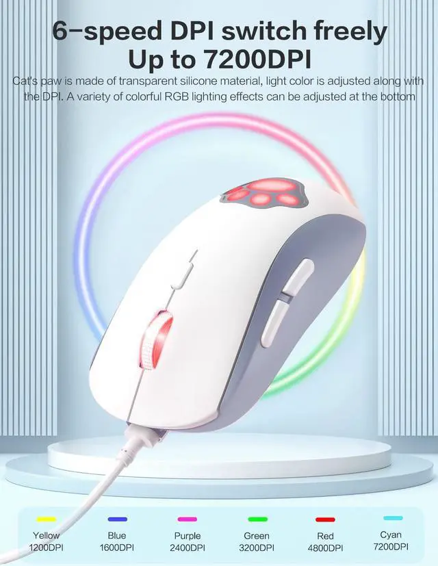 Alt view image 3 of 6 - Cat Paw RGB Gaming Mouse, Silent Optical Computer Mice USB Wired Gaming Mouse with 6 Adjustable DPI Up to 7200, RGB Lighting, 6 Programmable Buttons for Windows/Vista/Linux (White)