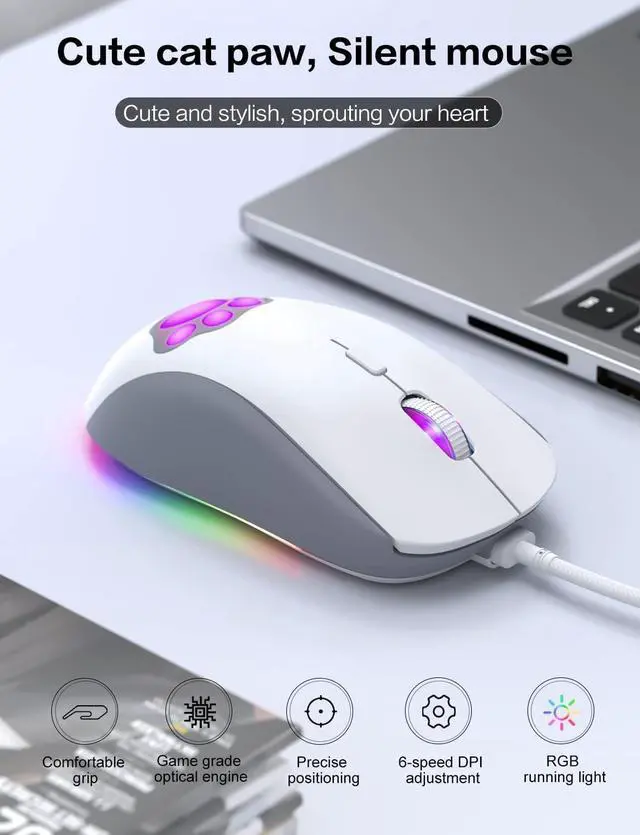 Alt view image 2 of 6 - Cat Paw RGB Gaming Mouse, Silent Optical Computer Mice USB Wired Gaming Mouse with 6 Adjustable DPI Up to 7200, RGB Lighting, 6 Programmable Buttons for Windows/Vista/Linux (White)