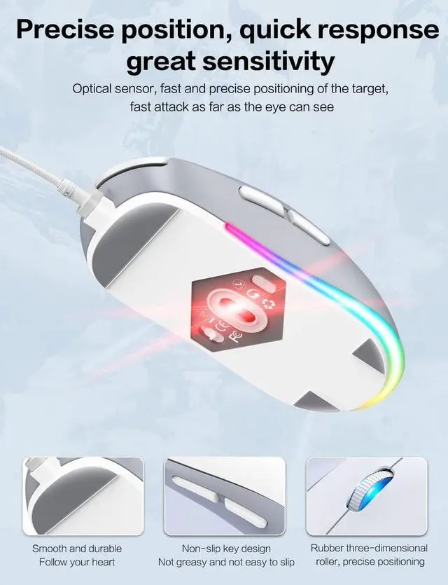 Alt view image 4 of 6 - Cat Paw RGB Gaming Mouse, Silent Optical Computer Mice USB Wired Gaming Mouse with 6 Adjustable DPI Up to 7200, RGB Lighting, 6 Programmable Buttons for Windows/Vista/Linux (White)