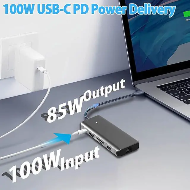 Alt view image 2 of 7 - USB C Hub, USB C Docking Station 10-in-1 with 4K HDMI, 100W Power Delivery PD, 3 USB3.0 + 2 USB2.0, microSD and SD Card Reader, 1000M RJ45 Gigabit Ethernet, USB C Hub Multiport Adapter for Laptop PC
