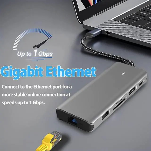 Alt view image 4 of 7 - USB C Hub, USB C Docking Station 10-in-1 with 4K HDMI, 100W Power Delivery PD, 3 USB3.0 + 2 USB2.0, microSD and SD Card Reader, 1000M RJ45 Gigabit Ethernet, USB C Hub Multiport Adapter for Laptop PC