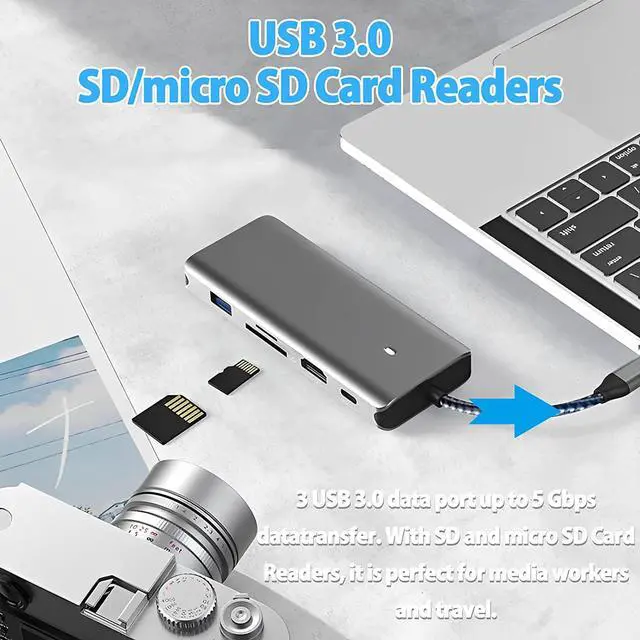 Alt view image 5 of 7 - USB C Hub, USB C Docking Station 10-in-1 with 4K HDMI, 100W Power Delivery PD, 3 USB3.0 + 2 USB2.0, microSD and SD Card Reader, 1000M RJ45 Gigabit Ethernet, USB C Hub Multiport Adapter for Laptop PC
