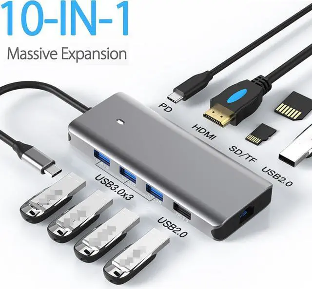 Main image of USB C Hub, USB C Docking Station 10-in-1 with 4K HDMI, 100W Power Delivery PD, 3 USB3.0 + 2 USB2.0, microSD and SD Card Reader, 1000M RJ45 Gigabit Ethernet, USB C Hub Multiport Adapter for Laptop PC