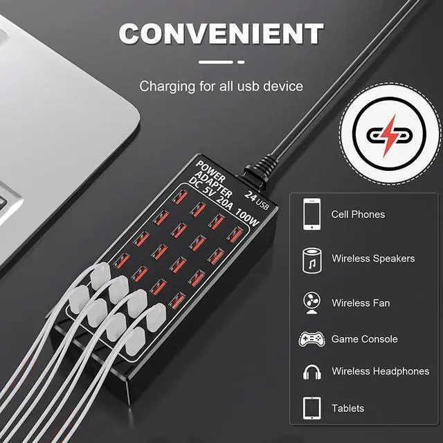 Alt view image 3 of 7 - 24 Ports USB Charging Station, Multiport 100W 24-Port USB Desktop Charging Station USB Charger 24-Ports Element Hub Compatible with iPhone Android Smartphones and All Other USB Enabled Devices