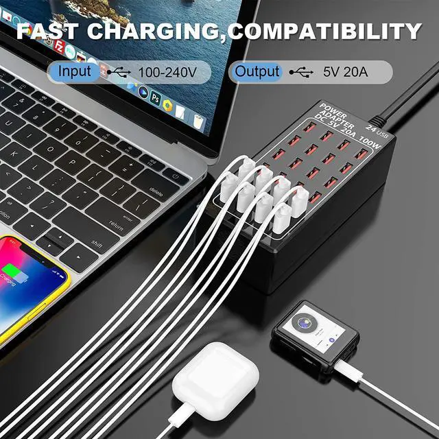 Alt view image 2 of 7 - 24 Ports USB Charging Station, Multiport 100W 24-Port USB Desktop Charging Station USB Charger 24-Ports Element Hub Compatible with iPhone Android Smartphones and All Other USB Enabled Devices
