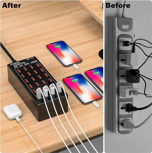 Alt view image 6 of 7 - 24 Ports USB Charging Station, Multiport 100W 24-Port USB Desktop Charging Station USB Charger 24-Ports Element Hub Compatible with iPhone Android Smartphones and All Other USB Enabled Devices