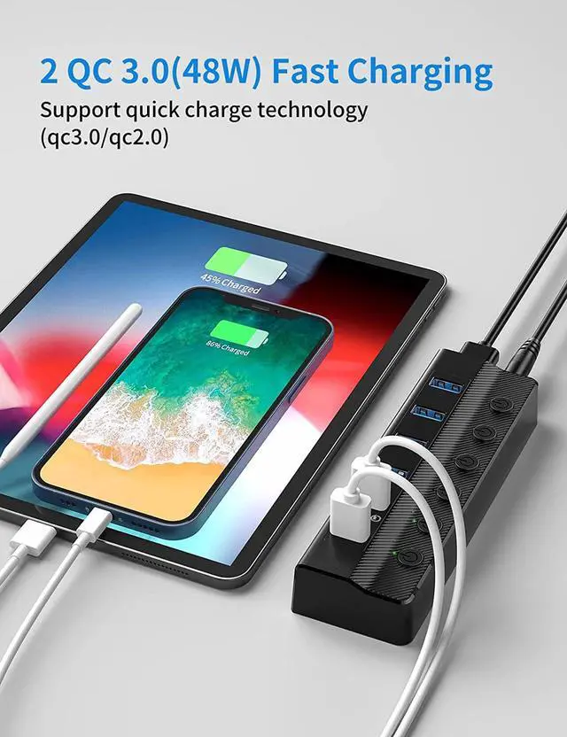 Alt view image 5 of 7 - Powered USB 3.0 Hub, 6-Port USB Hub (4*USB 3.0 Data Ports and 2*QC 3.0 USB Charging Ports) with Individual On/Off Switches, 12V/4A Power Adapter for Mac, PC, Laptop, Computer