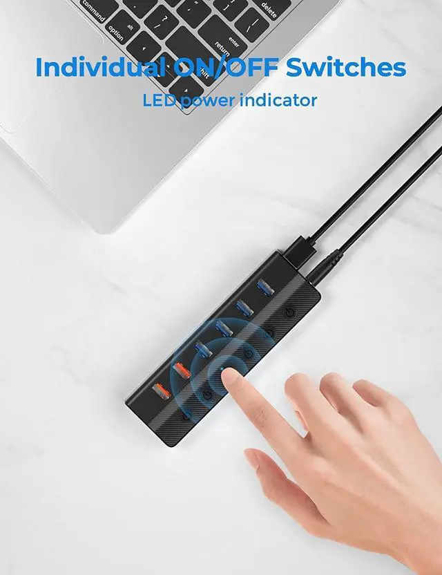 Alt view image 7 of 7 - Powered USB 3.0 Hub, 6-Port USB Hub (4*USB 3.0 Data Ports and 2*QC 3.0 USB Charging Ports) with Individual On/Off Switches, 12V/4A Power Adapter for Mac, PC, Laptop, Computer