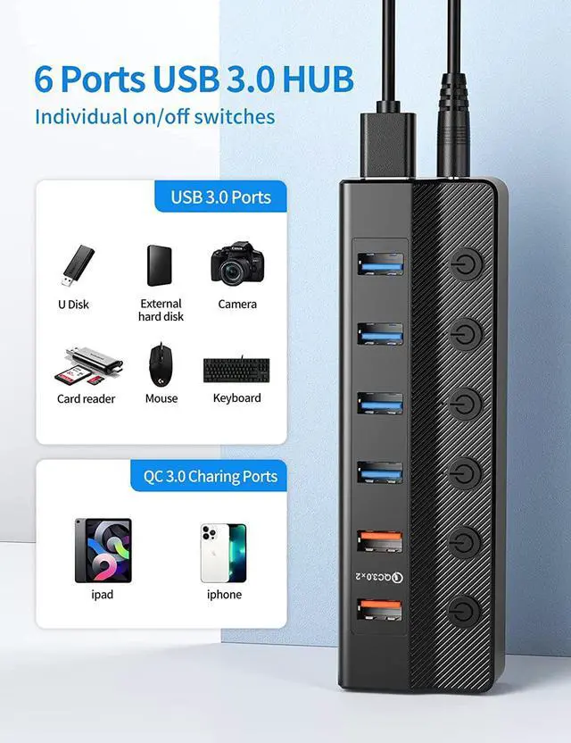 Alt view image 2 of 7 - Powered USB 3.0 Hub, 6-Port USB Hub (4*USB 3.0 Data Ports and 2*QC 3.0 USB Charging Ports) with Individual On/Off Switches, 12V/4A Power Adapter for Mac, PC, Laptop, Computer
